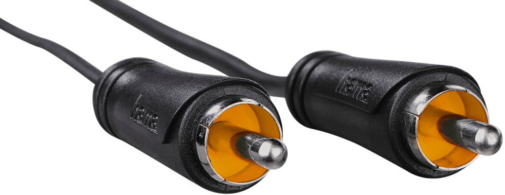 Due cavi RCA neri con connettori color oro.