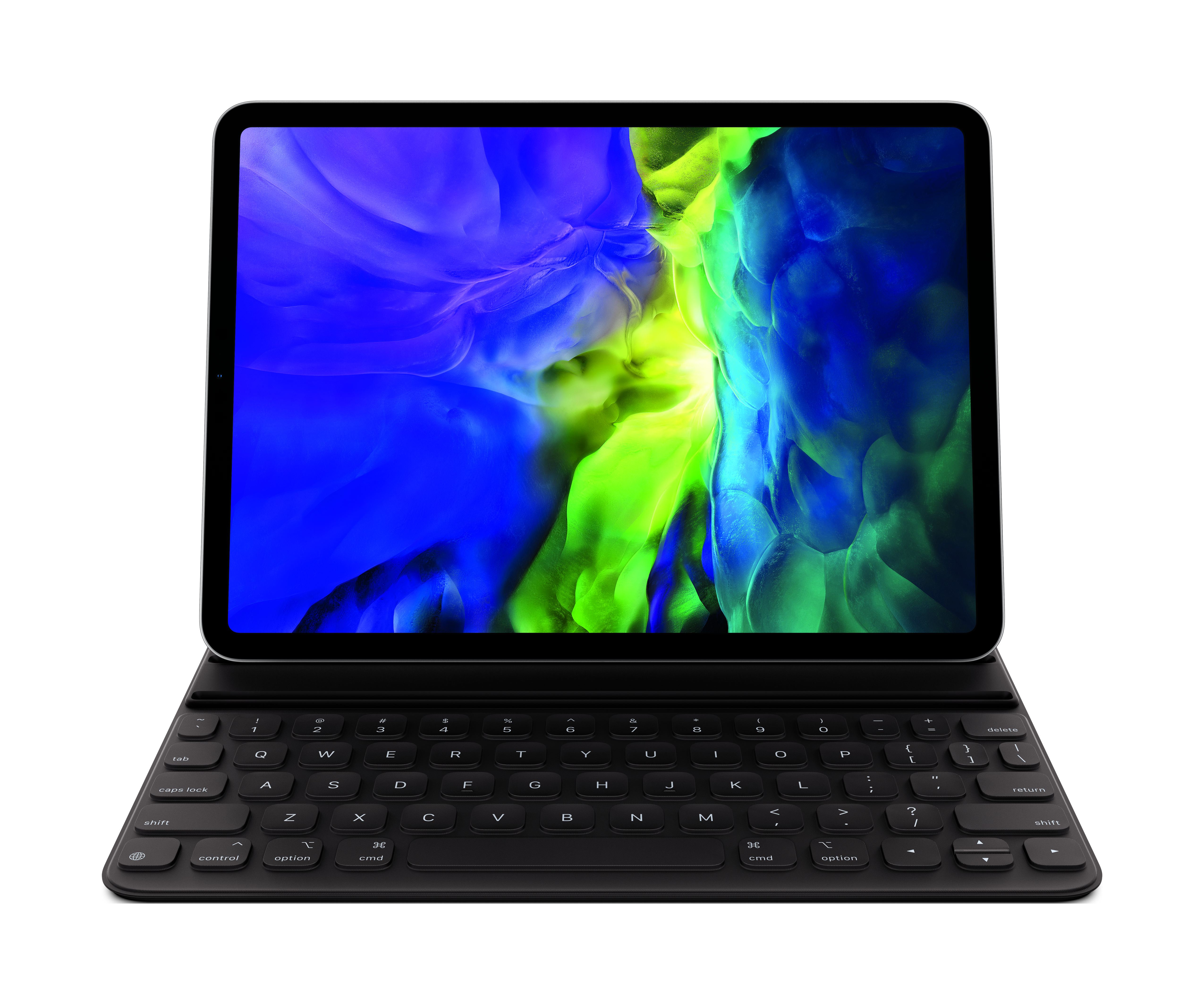 Ein Apple iPad Pro mit angeschlossener Tastatur. Der Bildschirm zeigt abstrakte Farben. Die Tastatur ist dunkelgrau, mit vollem QWERTZ-Layout.