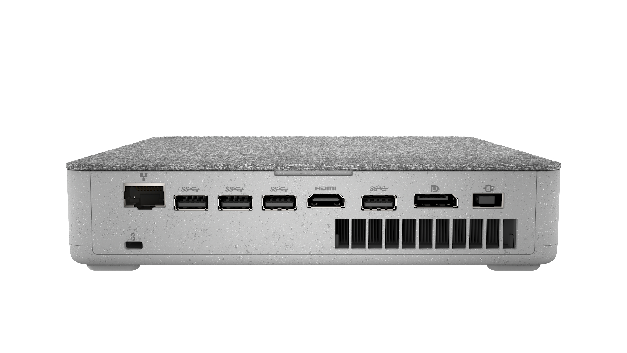 Die Rückseite eines hellgrauen Computers, mit mehreren Anschlüssen.