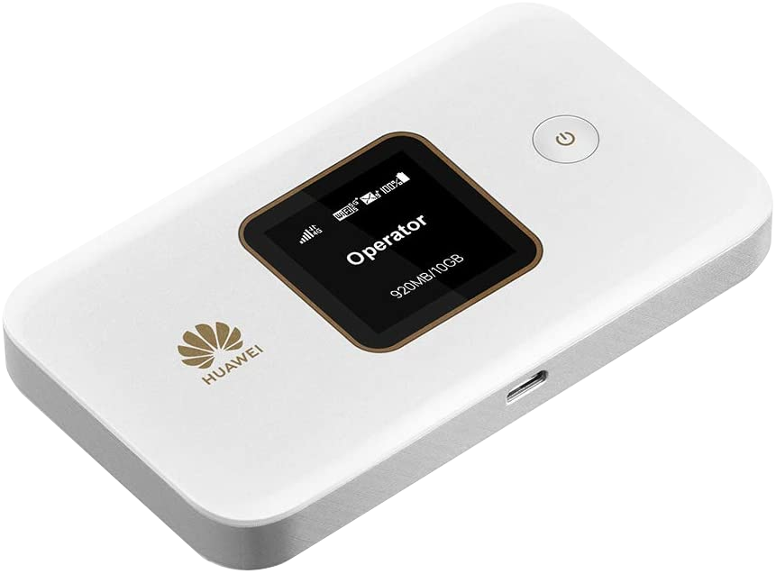 Fehér Huawei mobil hotspot. Képernyőjén az 'Operator' felirat, a bekapcsoló gomb látható. A Huawei logó is látható.