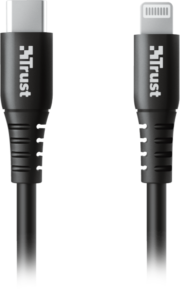 Fekete USB-C–Lightning kábel, csatlakozókkal mindkét végén.