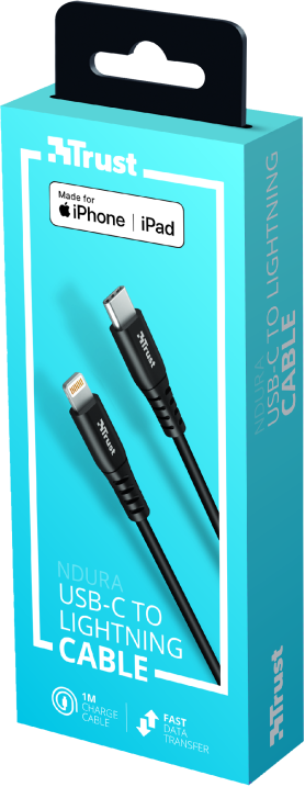 Fekete USB-C-Lightning kábel dobozban iPhone-hoz és iPad-hez.