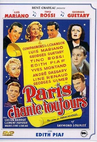 DVD-hoes: 'Paris chante toujours'. Collage van acteurs en een rol met namen, in vintage stijl.
