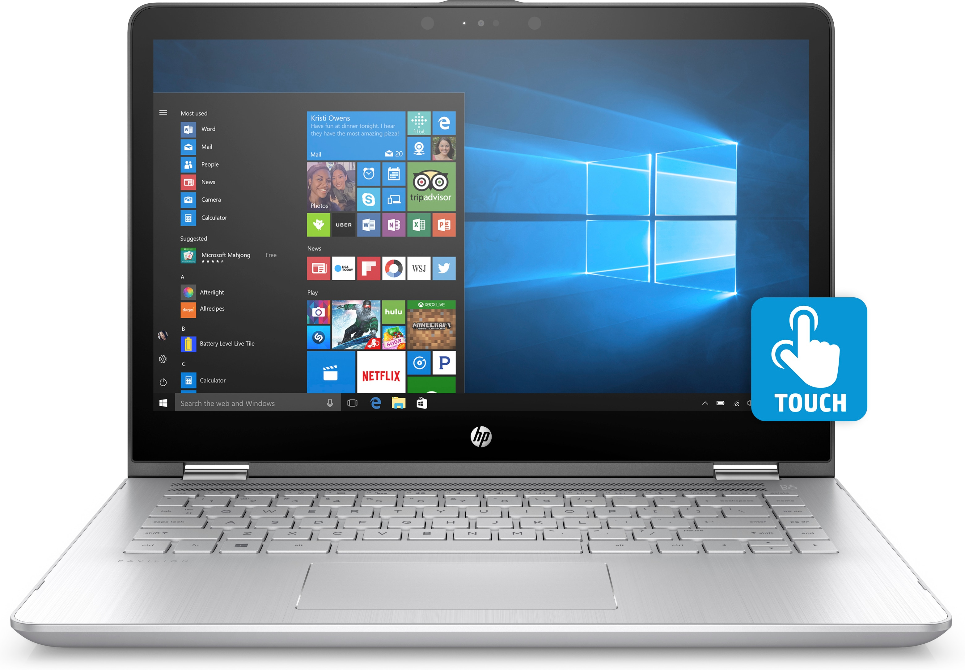 Ein silberner HP Laptop zeigt den Windows 10 Startbildschirm und ein Touch-Symbol.