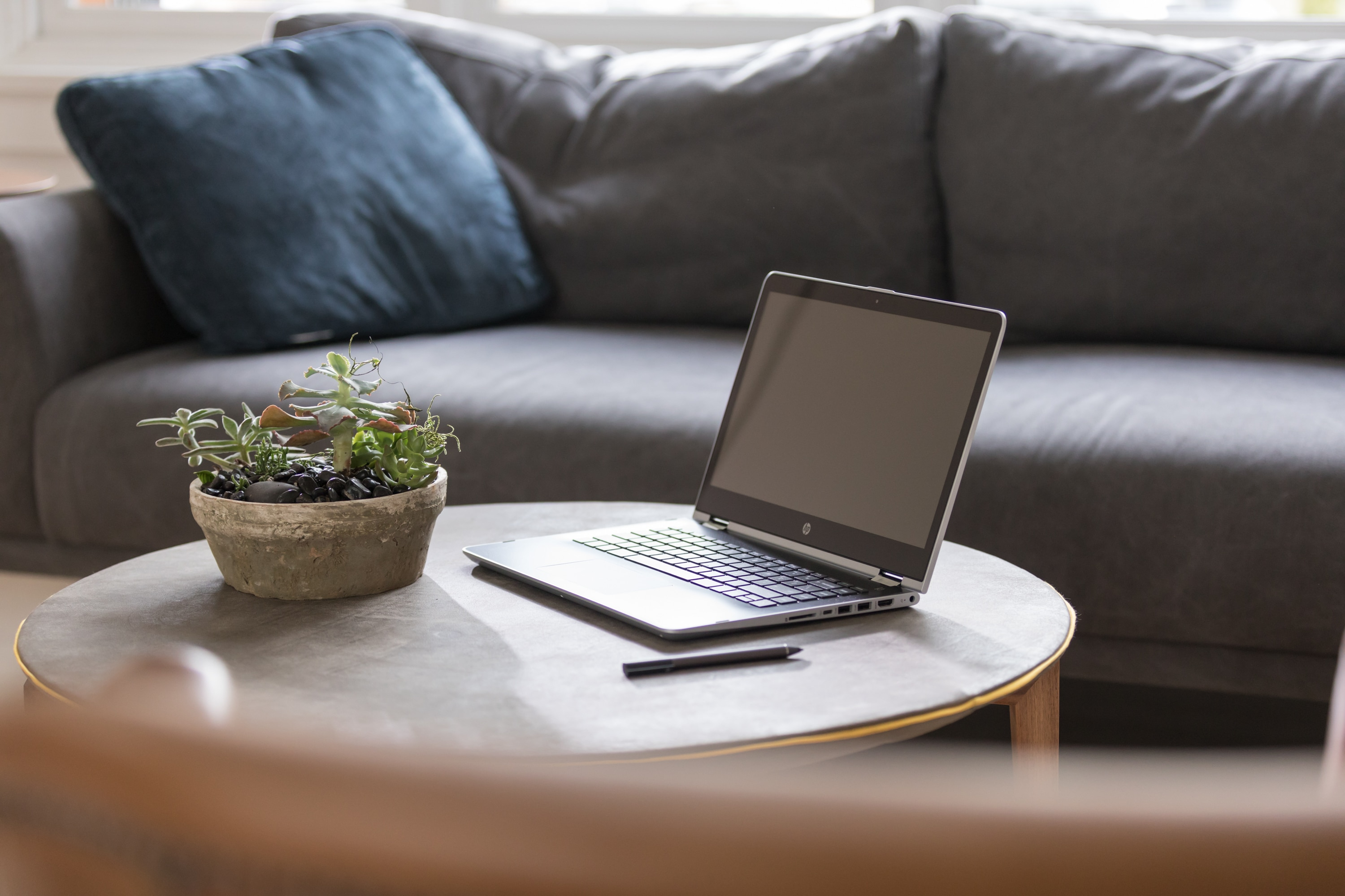 Ein Laptop und eine Topfpflanze stehen auf einem runden Tisch vor einem grauen Sofa.