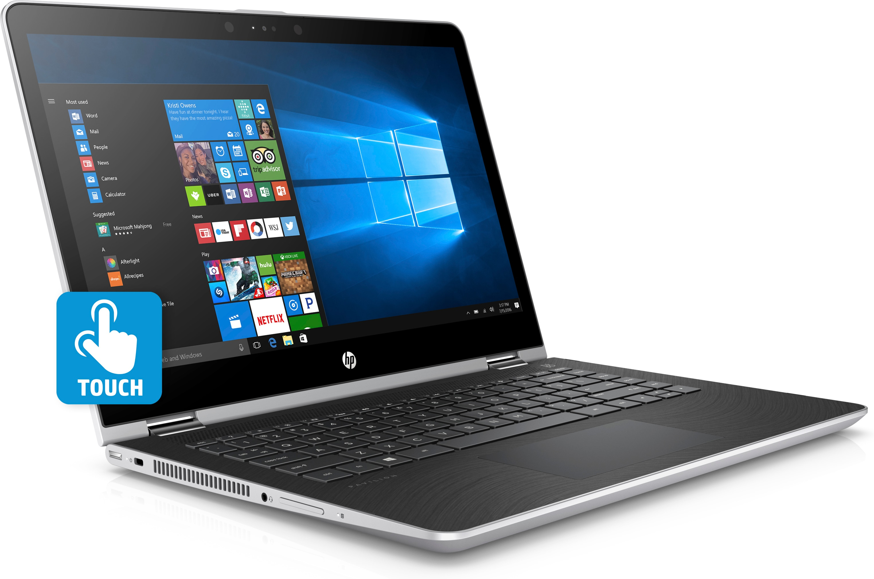 Ein silberner HP-Laptop mit Touchscreen zeigt den Windows 10-Startbildschirm mit App-Kacheln.