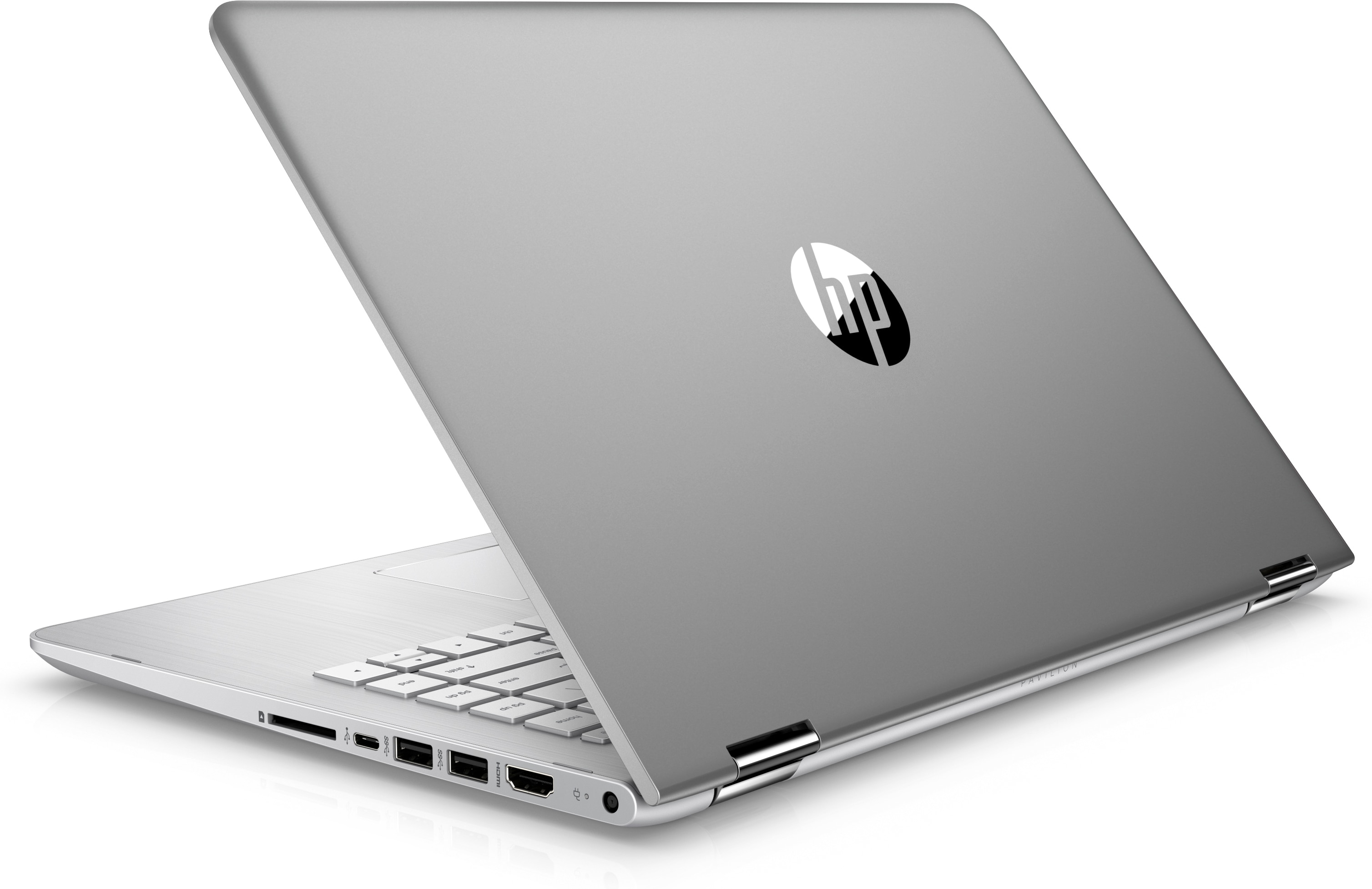 Ein silberner HP Pavilion Laptop mit Blick auf die Rückseite und die rechte Anschlussseite.