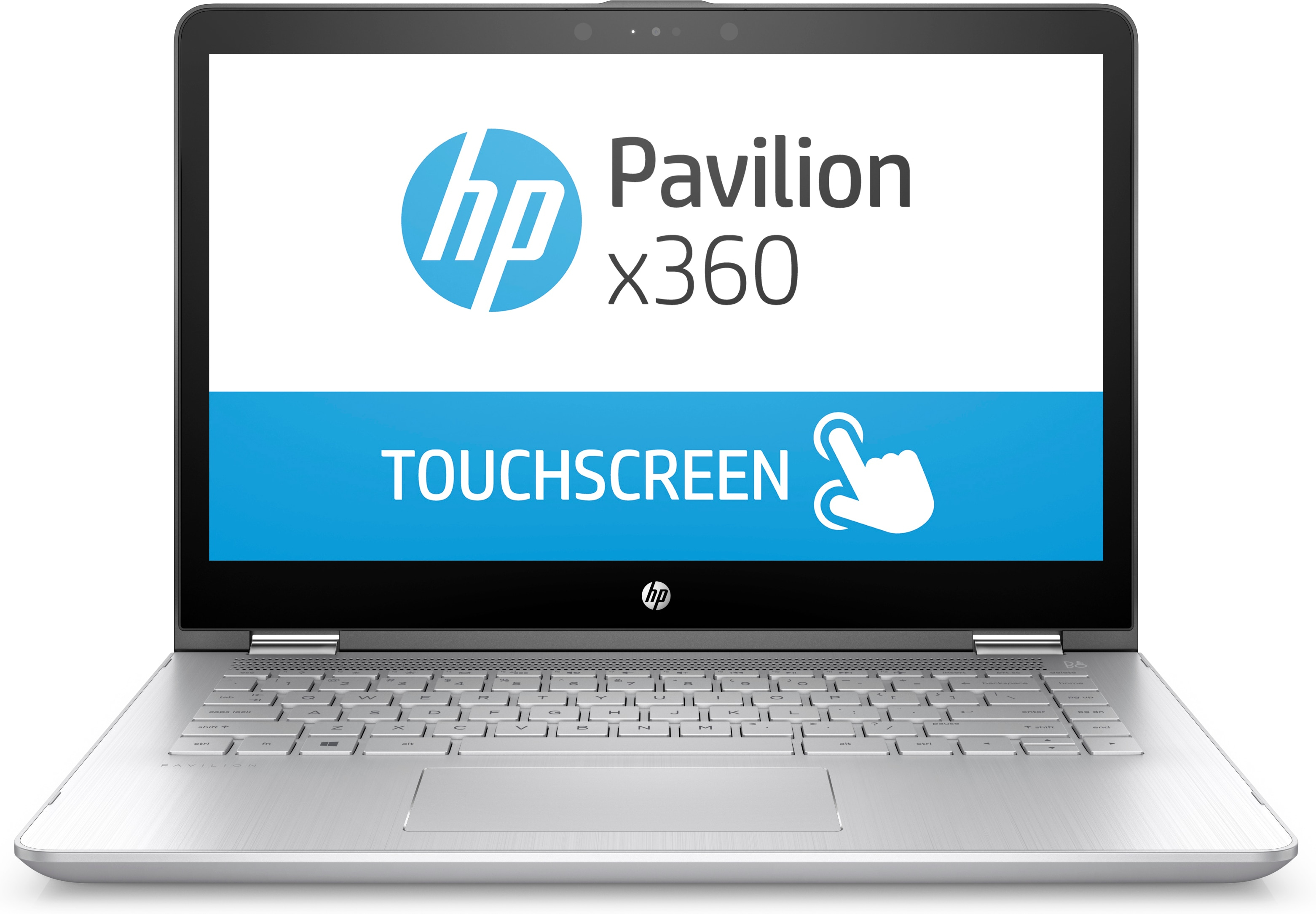 Ein geöffnetes HP Pavilion x360 Notebook mit Firmenlogo und Touchscreen-Hinweis.
