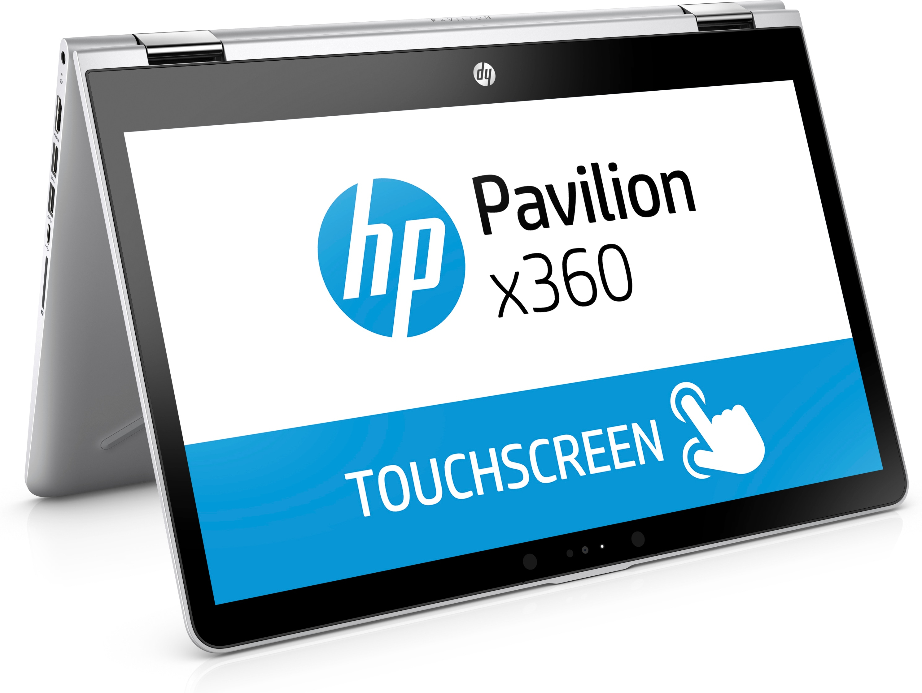 Silberner HP Pavilion x360 Laptop mit Touchscreen-Display.