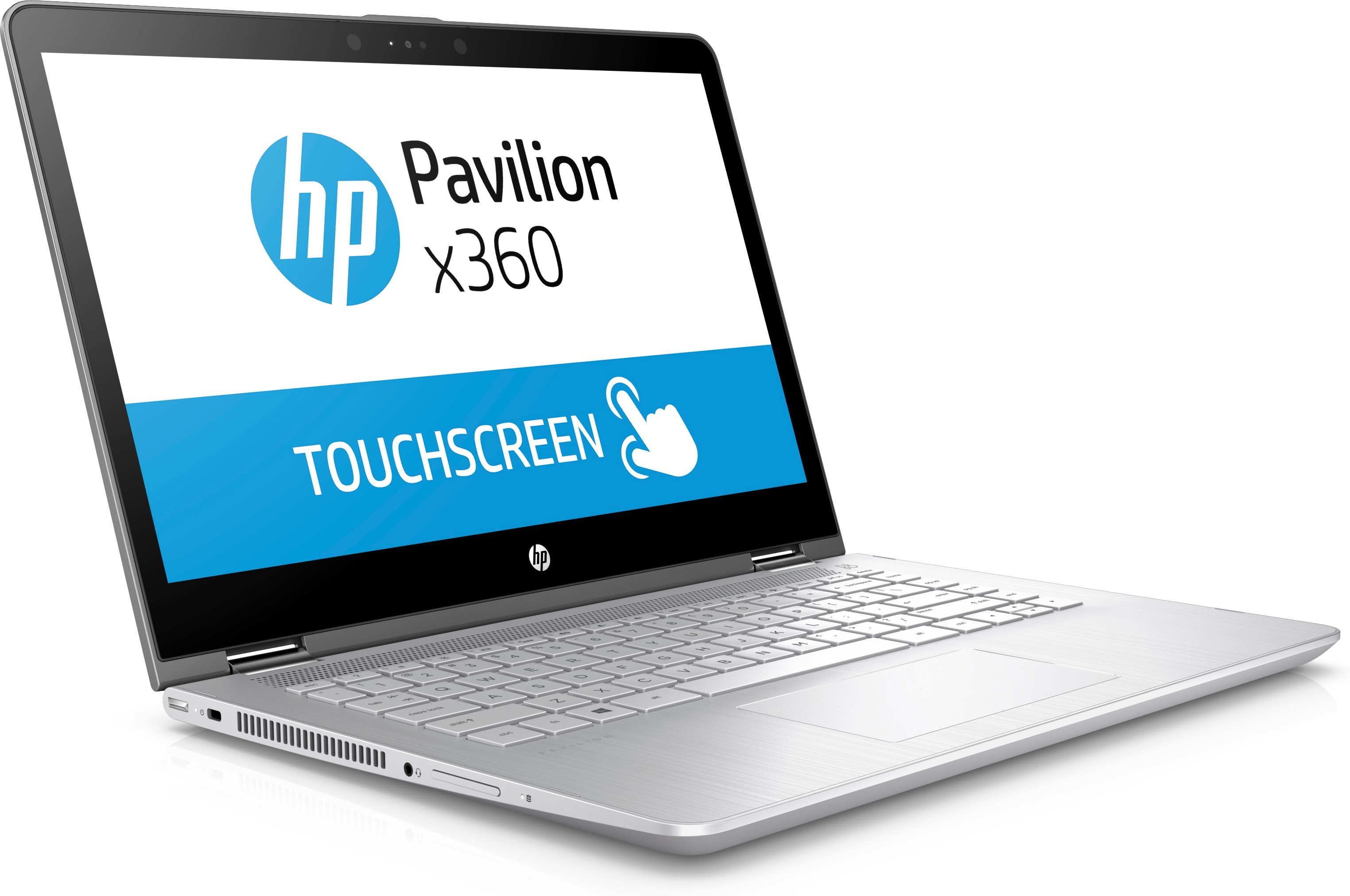 Ein silberner HP Pavilion x360 Laptop mit Touchscreen-Logo auf dem Bildschirm.