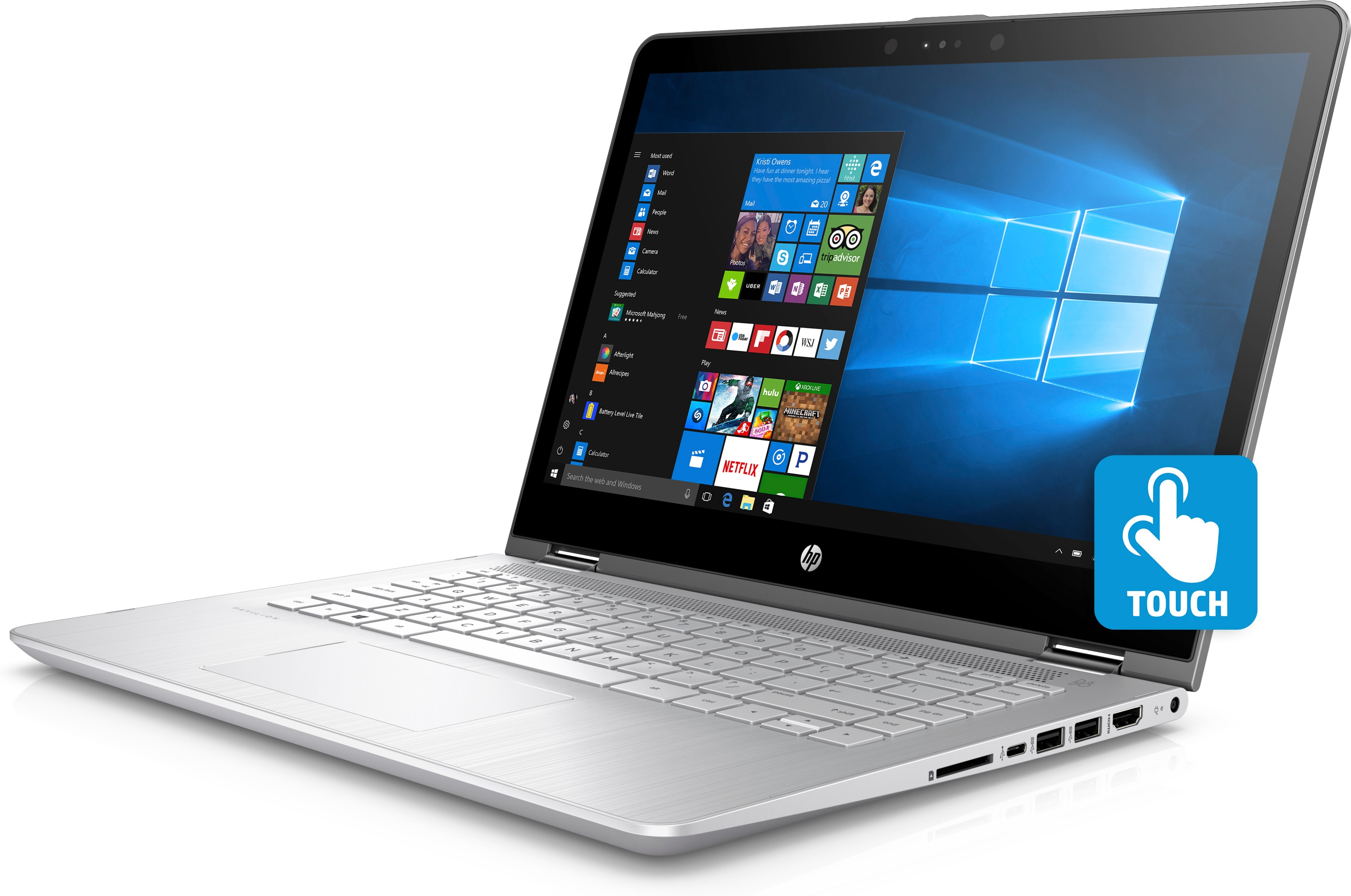 Ein silberner HP Laptop mit Touchscreen und geöffnetem Windows 10 Startmenü.