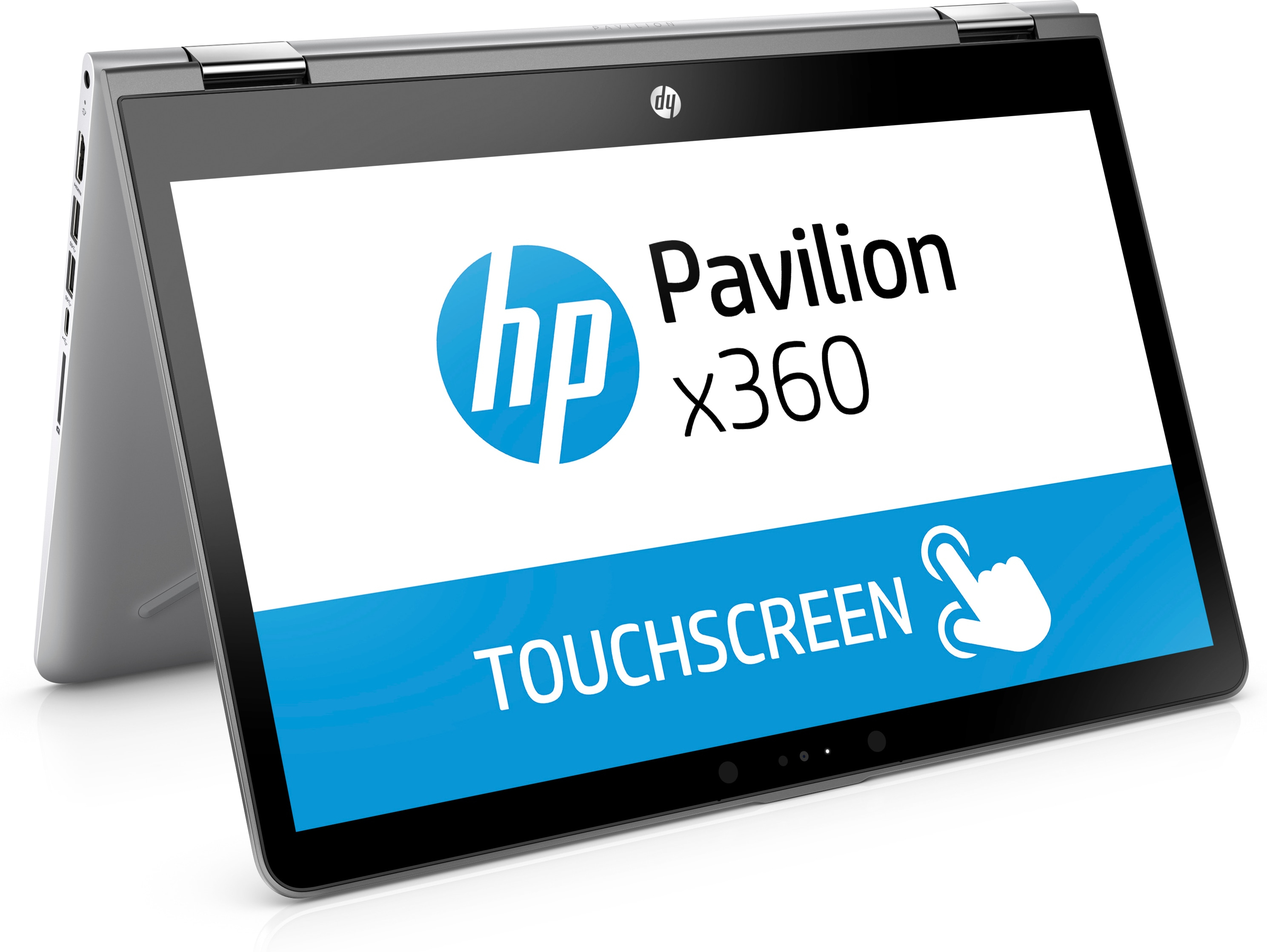 HP Pavilion x360 Laptop im Zeltmodus mit Touchscreen-Logo.