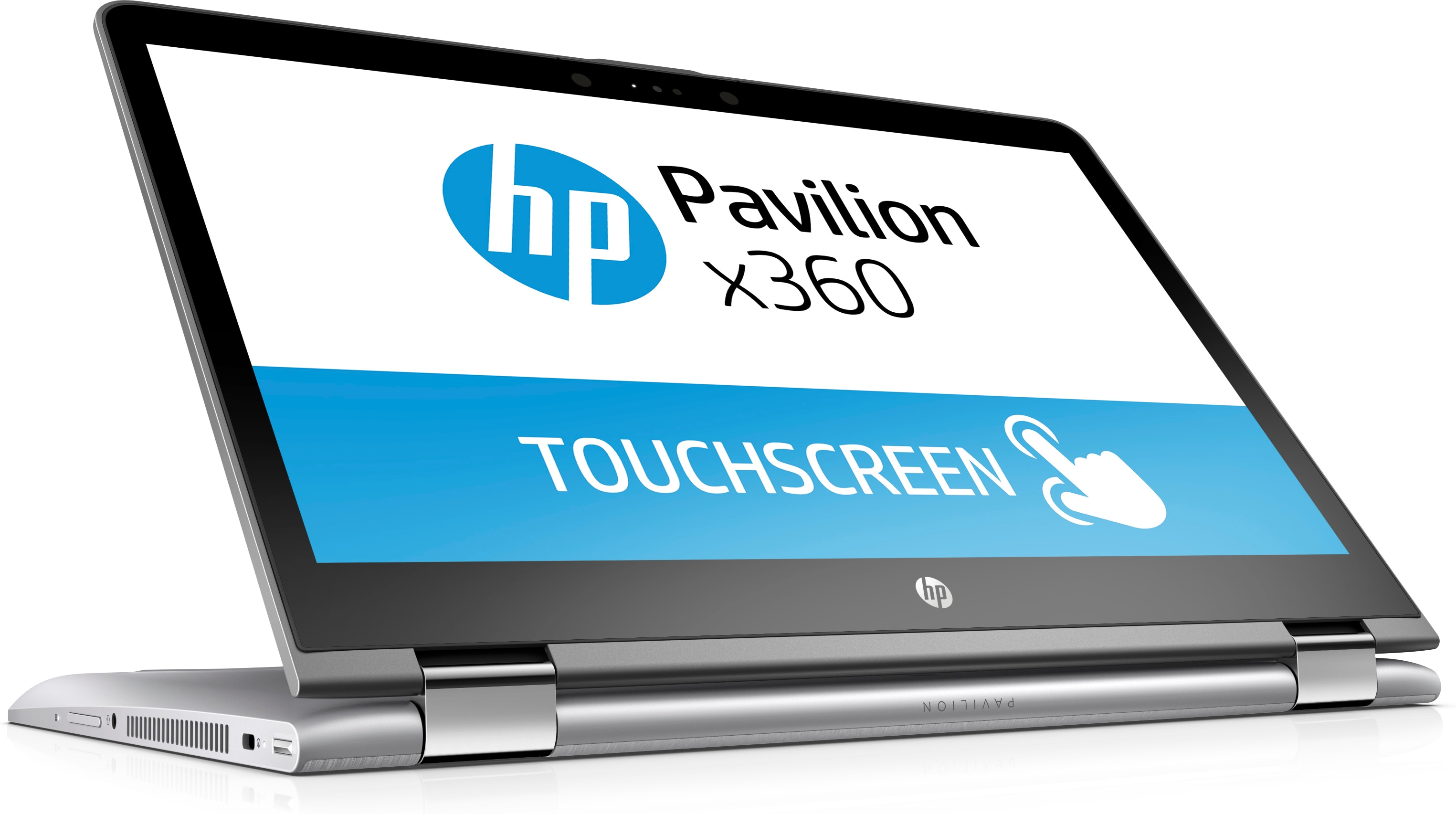 Ein silberner HP Pavilion x360 Laptop mit Touchscreen-Logo auf dem Bildschirm.