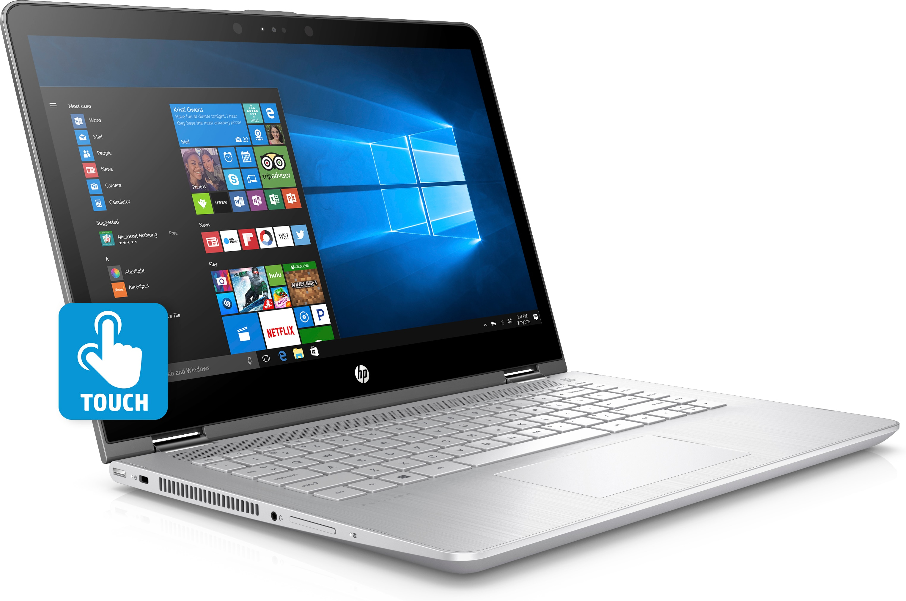 Ein silberner HP Laptop mit Windows-10-Desktop und Touch-Symbol auf weißem Hintergrund.