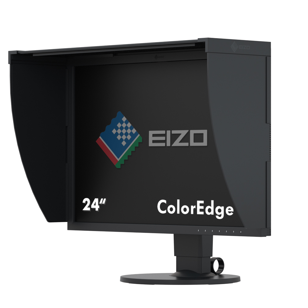Ein schwarzer Computermonitor mit Blende, dem EIZO-Logo und dem Text '24" ColorEdge'.