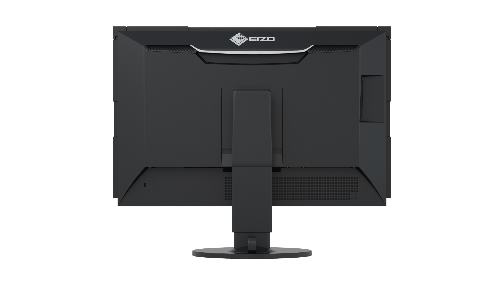 Rückansicht eines schwarzen EIZO-Monitors. Er hat einen Ständer und Anschlüsse auf der Rückseite.
