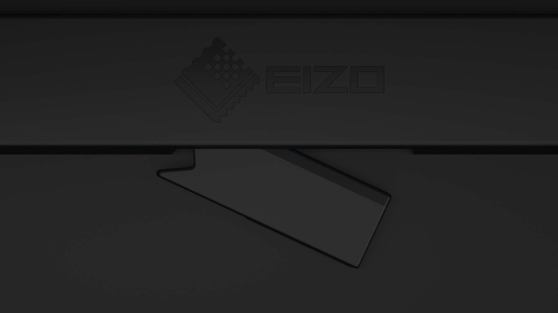 Schwarzer Eizo-Monitorständer mit Eizo-Logo.
