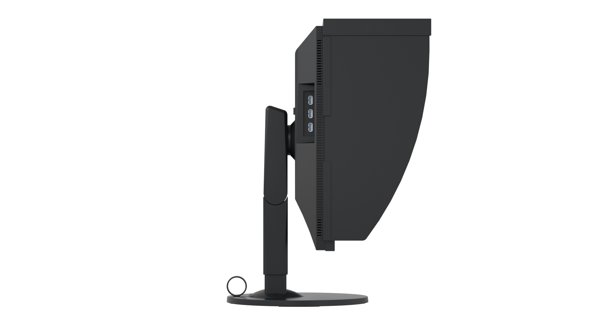 Schwarzer Monitor, Seitenansicht. Anschlüsse sichtbar. Weißer Hintergrund. Schwarzer Ständer.