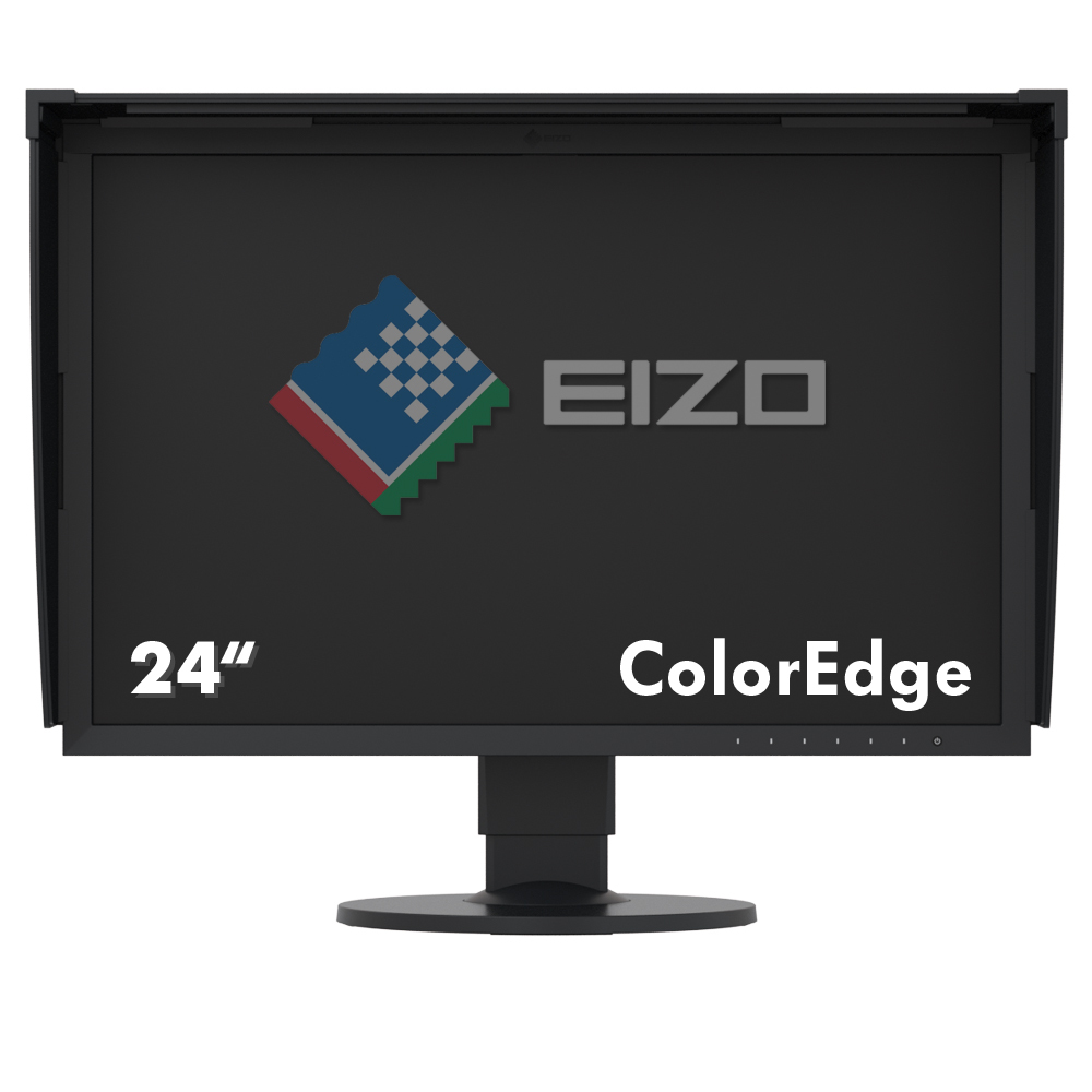 Ein schwarzer Computermonitor mit Logo auf dem Bildschirm und dem Wort 'ColorEdge'.