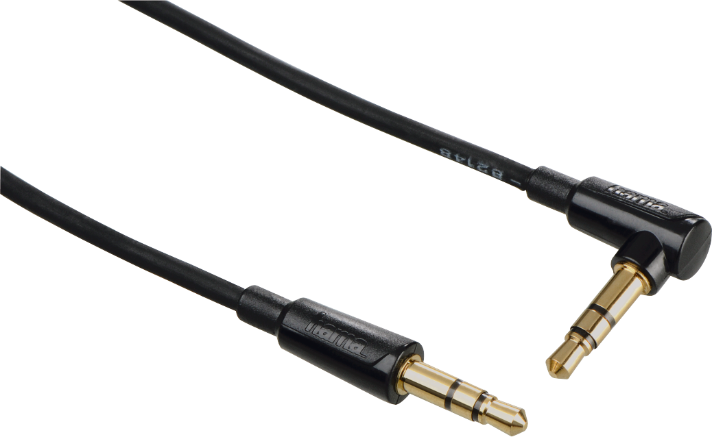 Câble audio noir avec connecteurs dorés, un droit, un coudé.