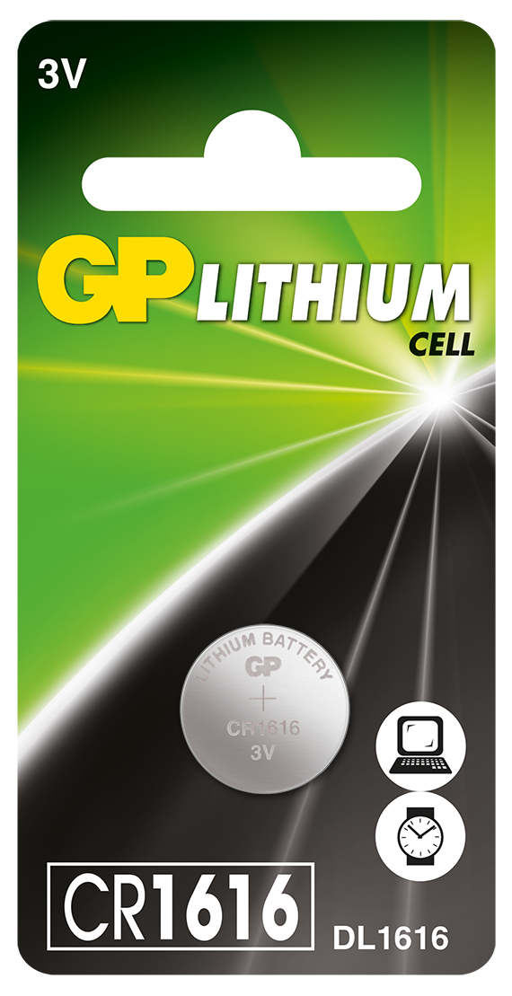 İçinde gümüş bir pil hücresi bulunan, siyah ve yeşil bir GP Lityum Hücre pil paketi.