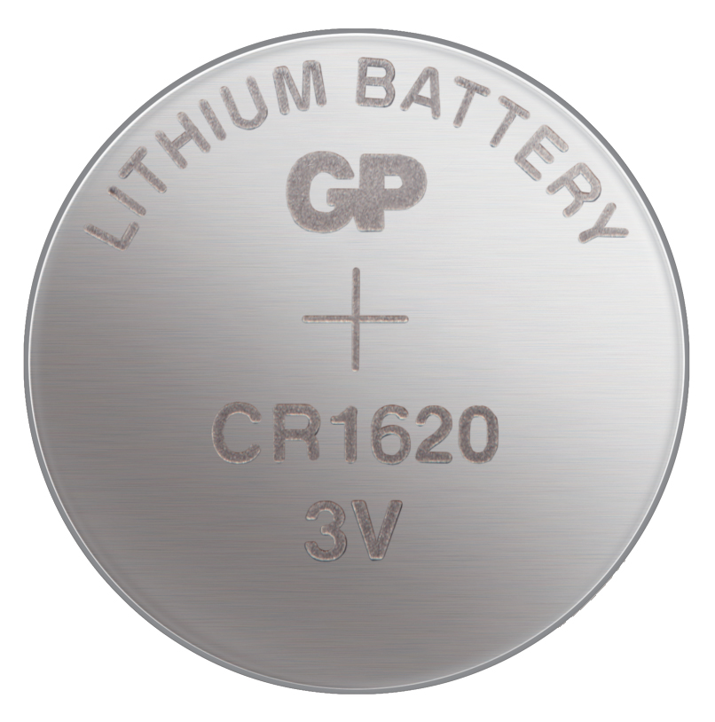 'LITHIUM BATTERY', 'GP', 'CR1620' ve '3V' metinli gümüş bir lityum pil.