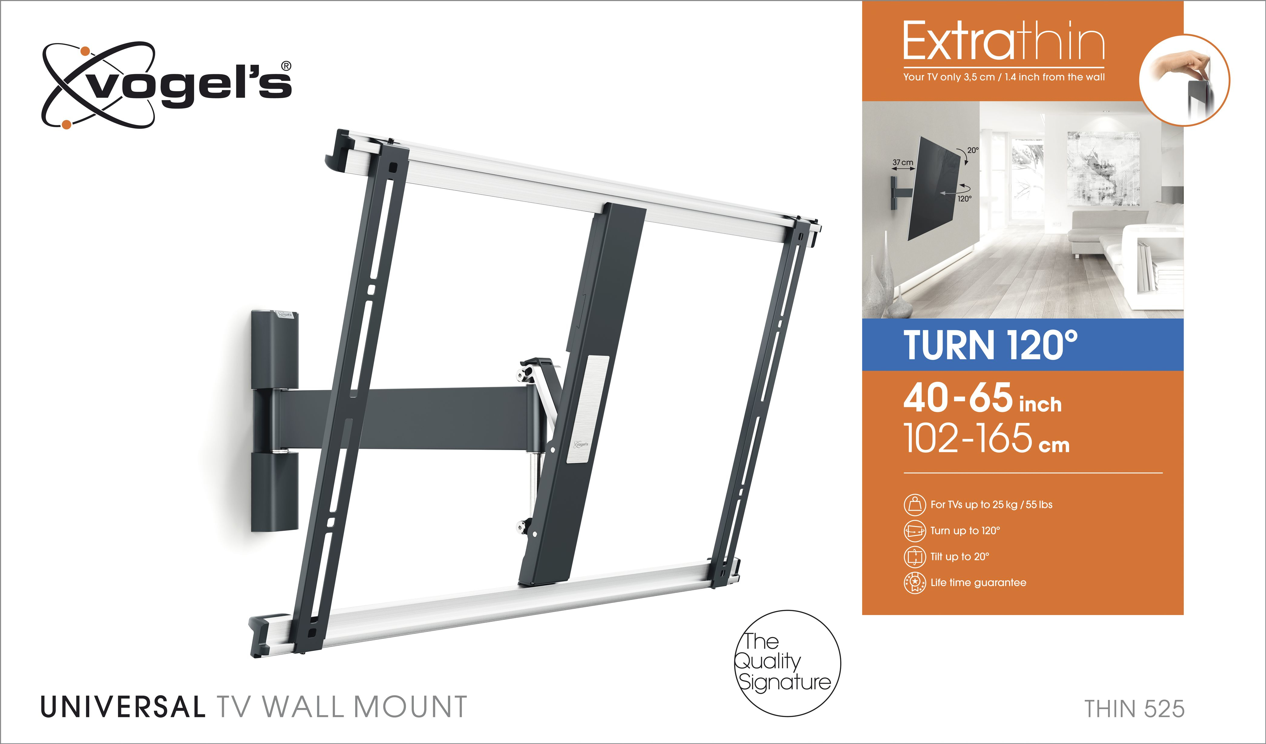 VOGEL´S Vogel's THIN 525 TV-Wandhalterung für 102-165 cm (40-65 Zoll) Fernseher, drehbar und neigbar,  Wandhalterung, max. 65 Zoll, Schwenkbar, Neigbar, Schwarz