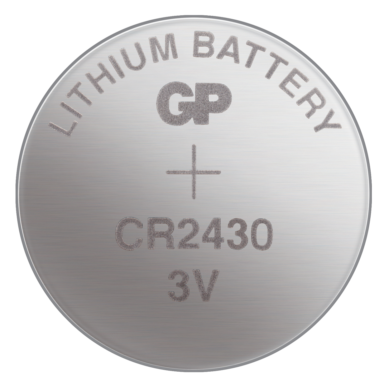 Gümüş renkli bir CR2430 lityum pil. Pil yuvarlak ve üzerinde 'LITHIUM BATTERY' yazısı var.