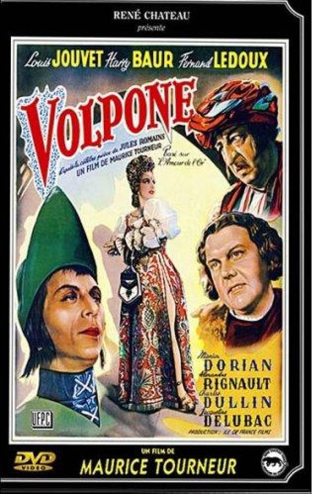 DVD-hoes: 'Volpone' filmposter met acteurs, titel en een vintage ontwerp.