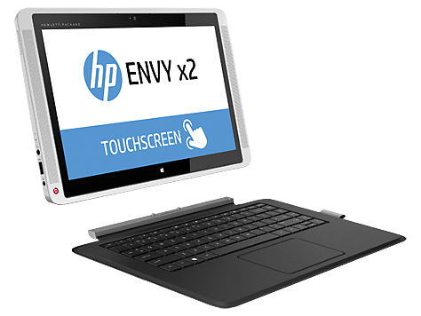 Ein silbernes HP Envy x2 Hybrid-Tablet mit abnehmbarer schwarzer Tastatur und Touchscreen-Display.
