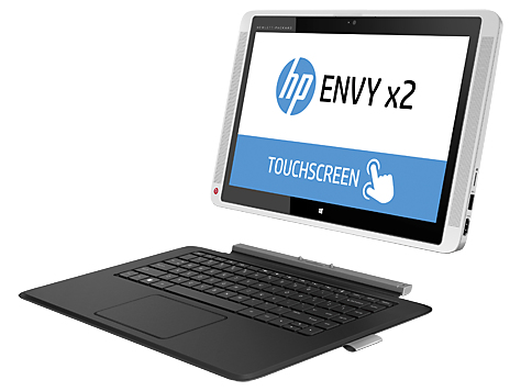 Ein silberner HP Envy x2 Laptop mit abnehmbarem Touchscreen und schwarzer Tastatur auf weißem Hintergrund.