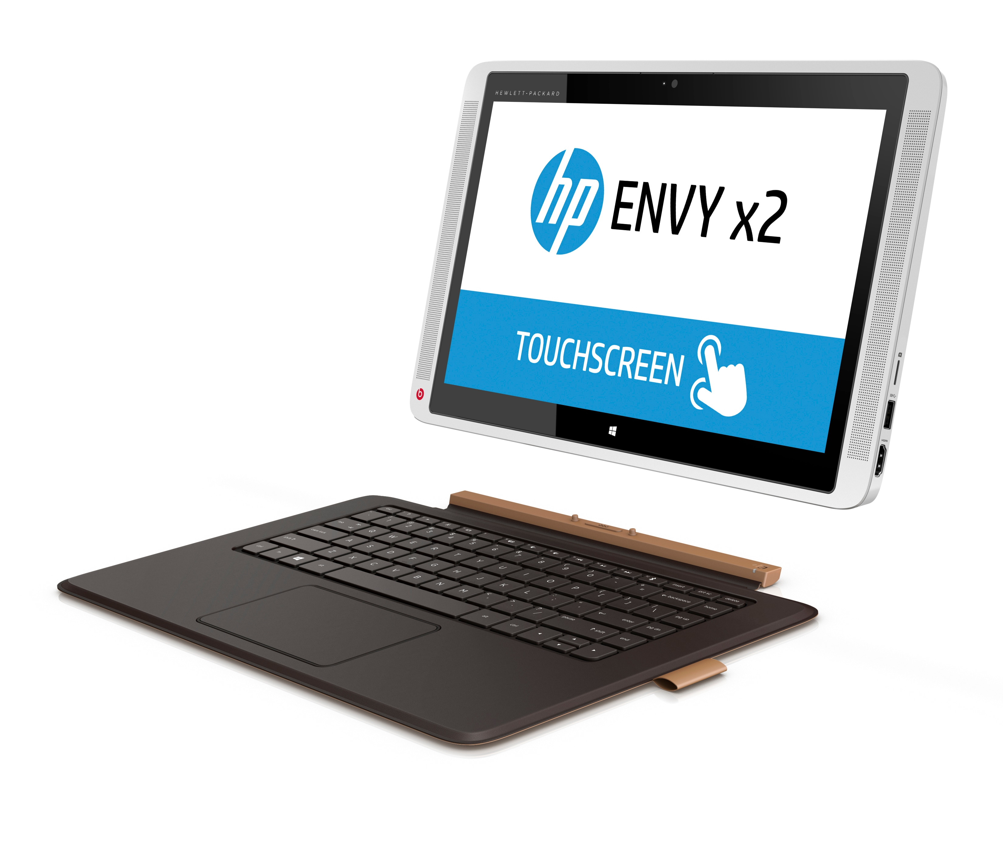 Ein silberner HP Envy X2 Hybrid-Laptop mit abnehmbarem Touchscreen-Bildschirm und schwarzer Tastatur auf weißem Grund.
