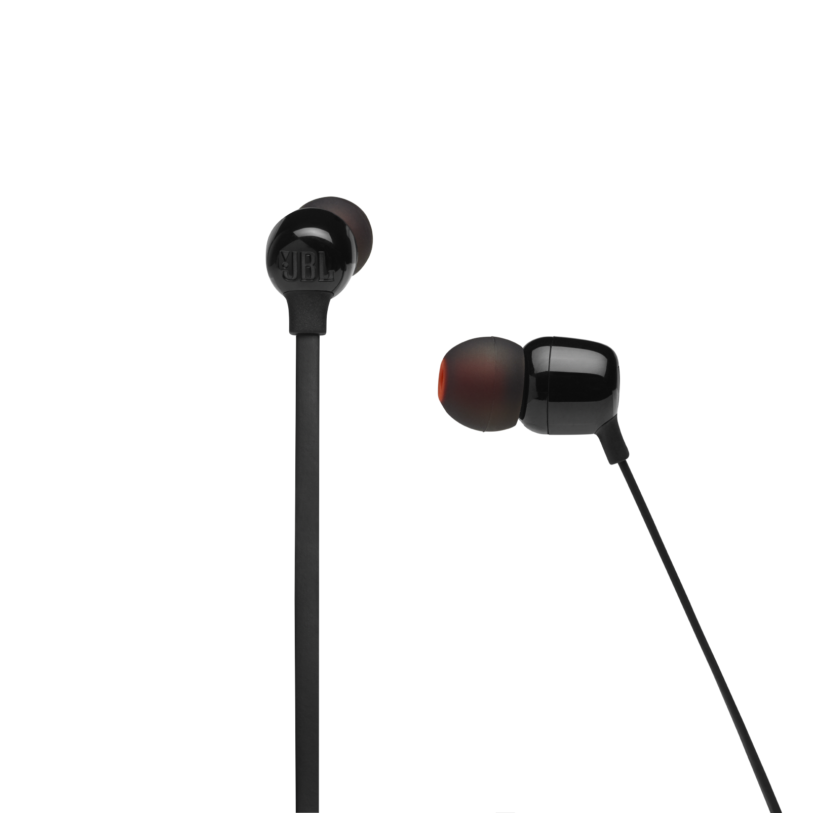 Schwarze JBL-Kopfhörer. Die Ohrspitzen sind rot. Der Hintergrund ist einfarbig schwarz.