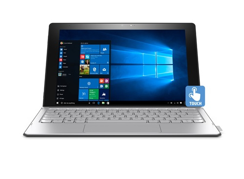 Ein Touchscreen-Tablet mit Windows-Startmenü und angeschlossener silberner Tastatur.