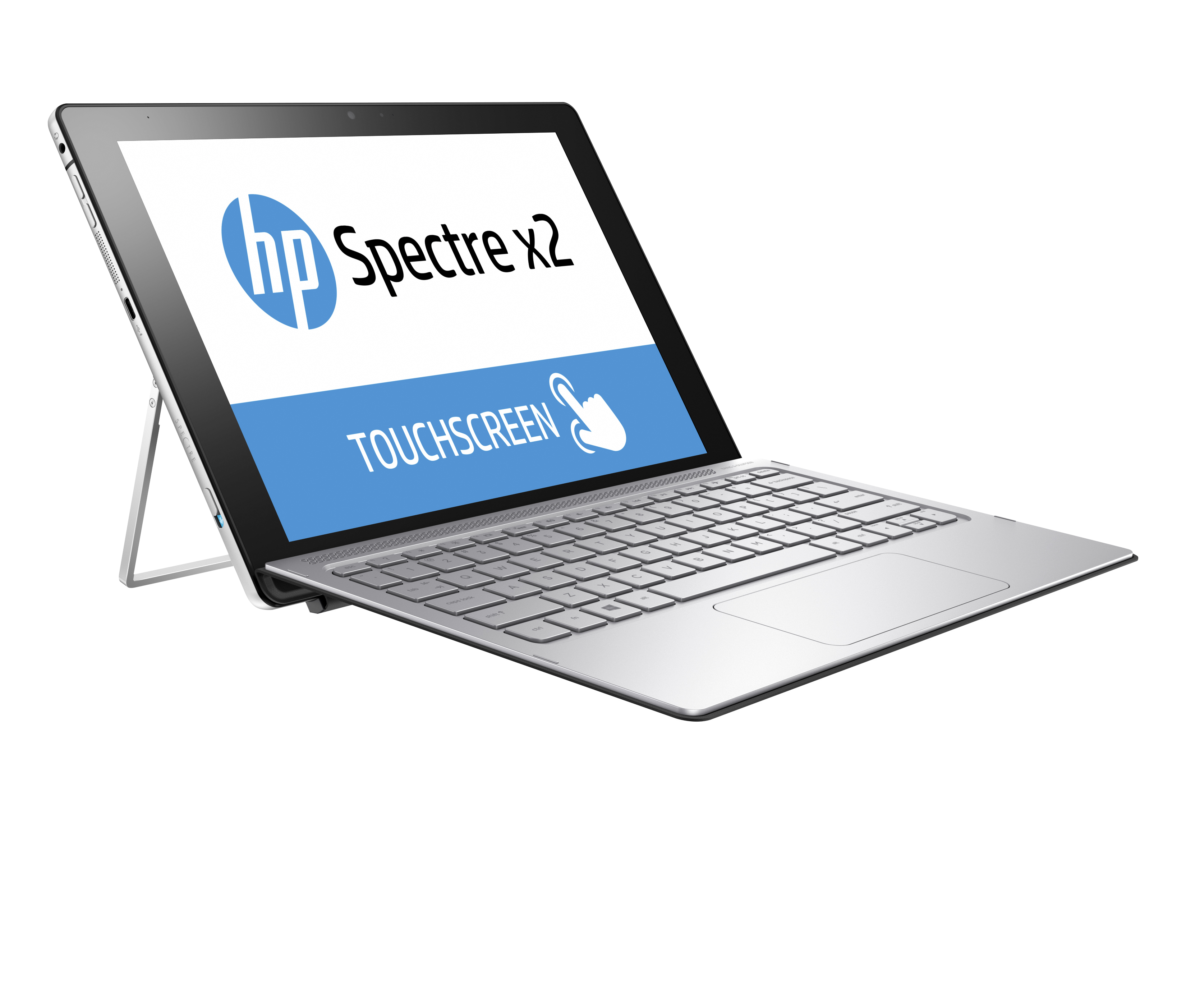 HP Spectre x2 Tablet mit abnehmbarer Tastatur und Ständer auf weißem Hintergrund.