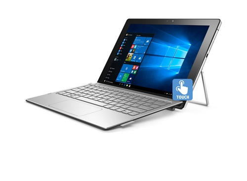 Silbernes 2-in-1-Notebook mit Windows 10 auf dem Bildschirm und integriertem Touchscreen.