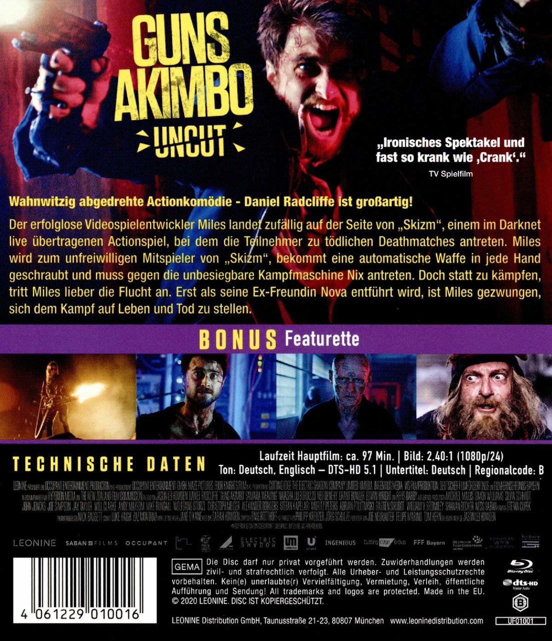 Filmplakat mit Text und Bildern eines Films namens 'Guns Akimbo Uncut' mit Daniel Radcliffe.