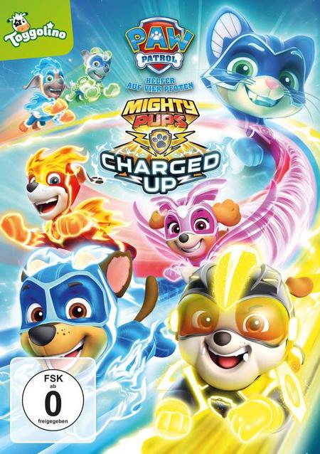 DVD-Cover für 'PAW Patrol: Mighty Pups Charged Up'. Zeichentrickhunde in Actionposen.