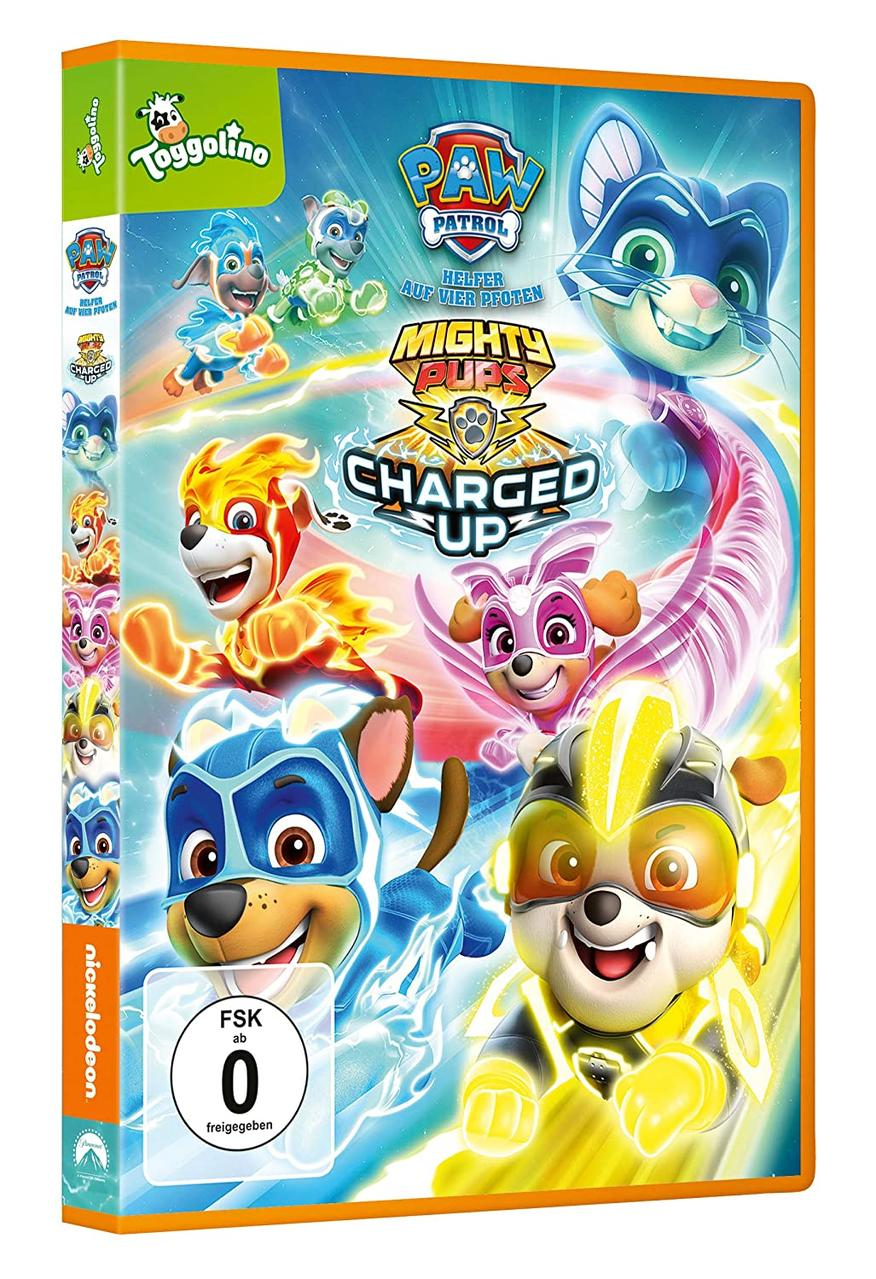 DVD-Hülle für 'Paw Patrol: Mighty Pups'. Zeigt Cartoon-Welpen.