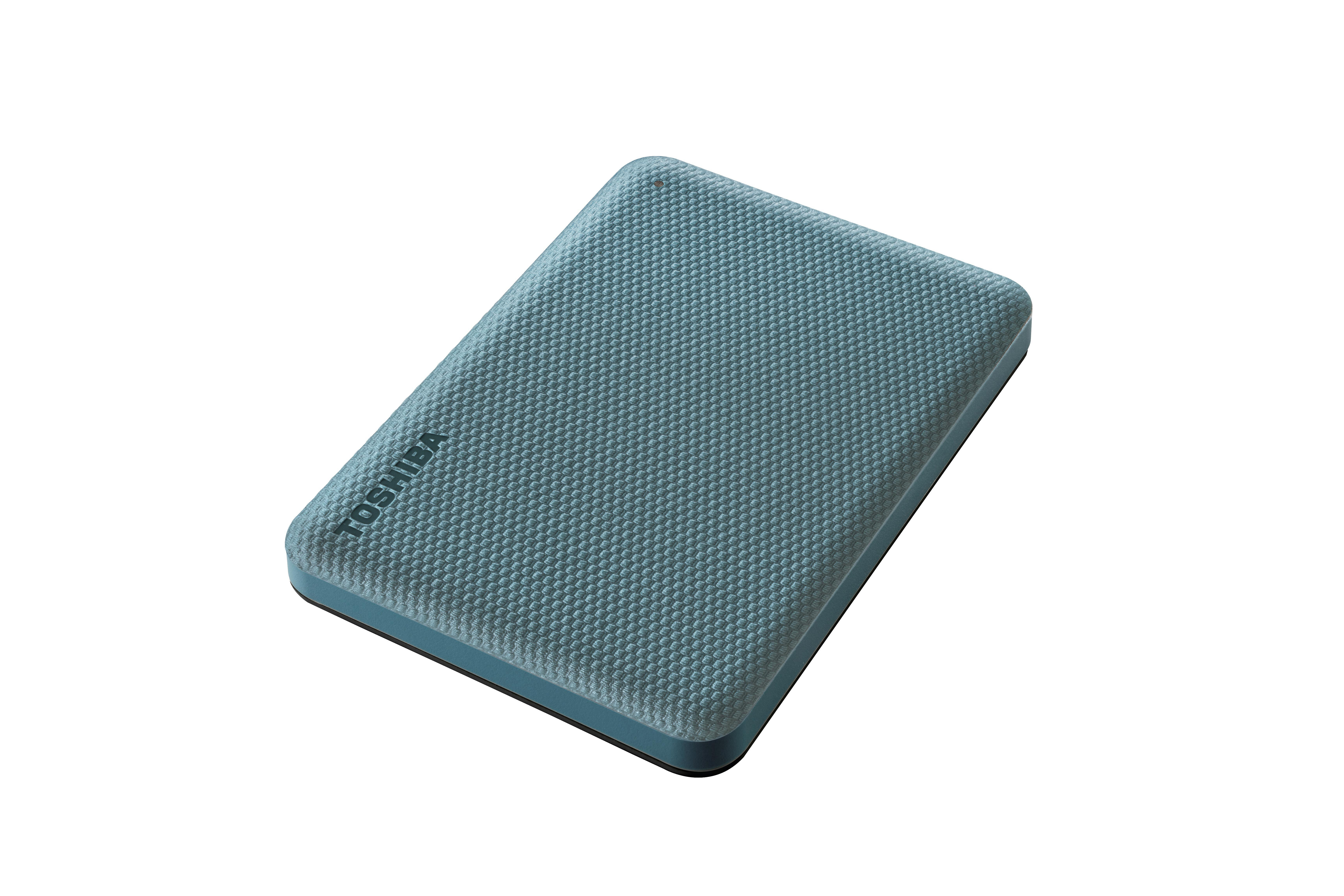 Toshiba externe Festplatte, hellblaue Farbe mit strukturierter Oberfläche, auf weißem Hintergrund.