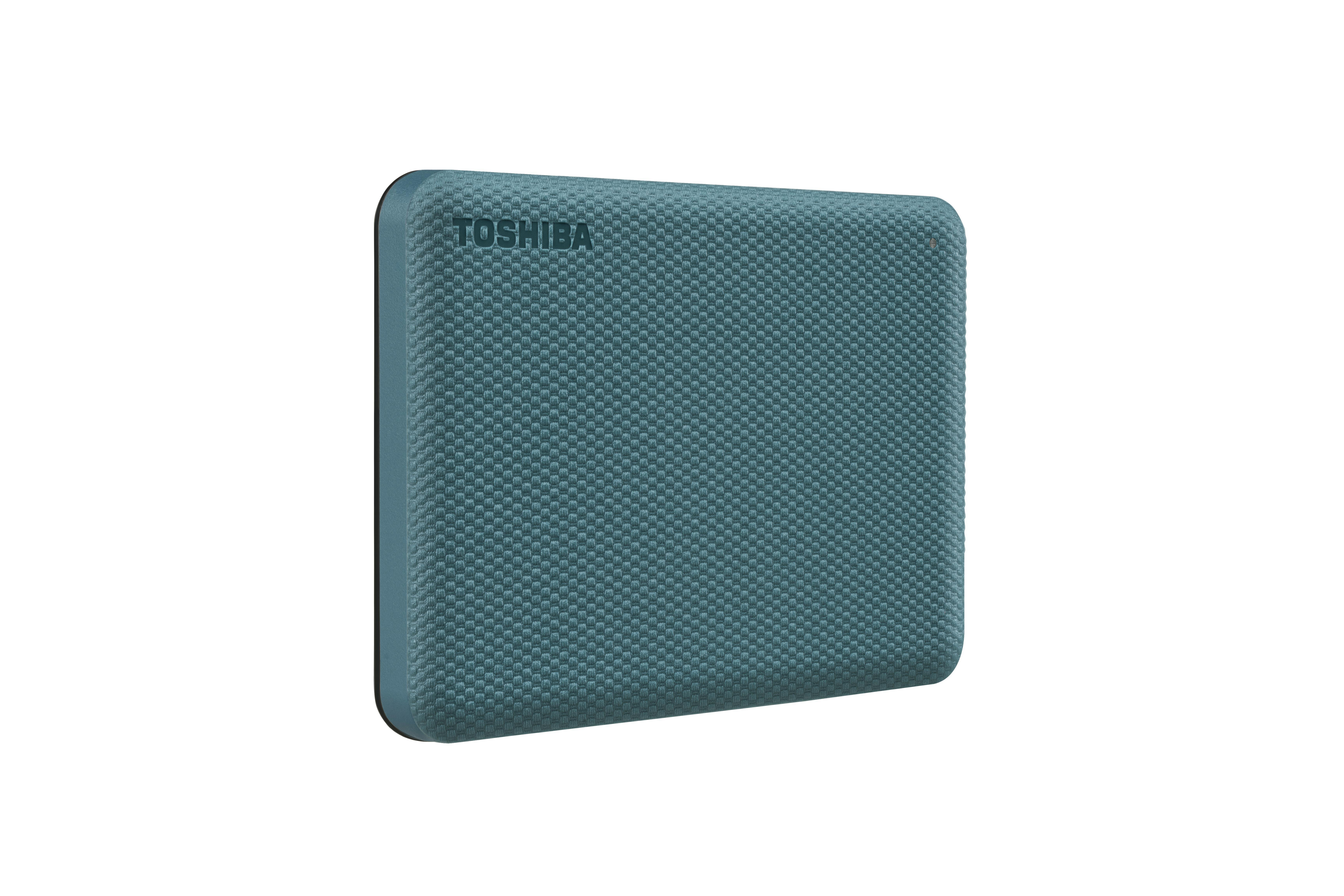 Toshiba externe Festplatte, teal, auf weißem Hintergrund.