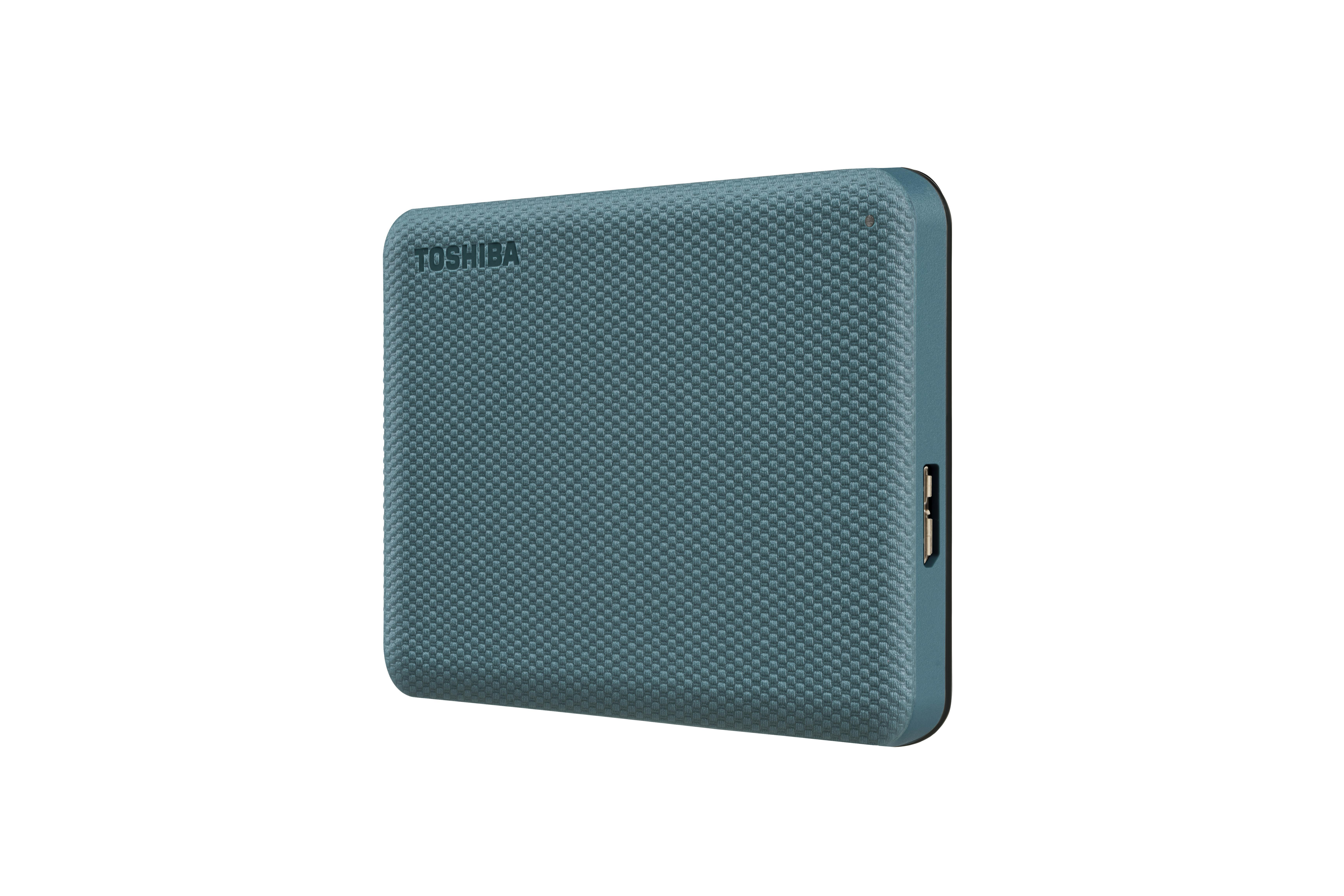Eine teal-farbene externe Festplatte von Toshiba auf weißem Hintergrund, mit sichtbarem Markennamen.