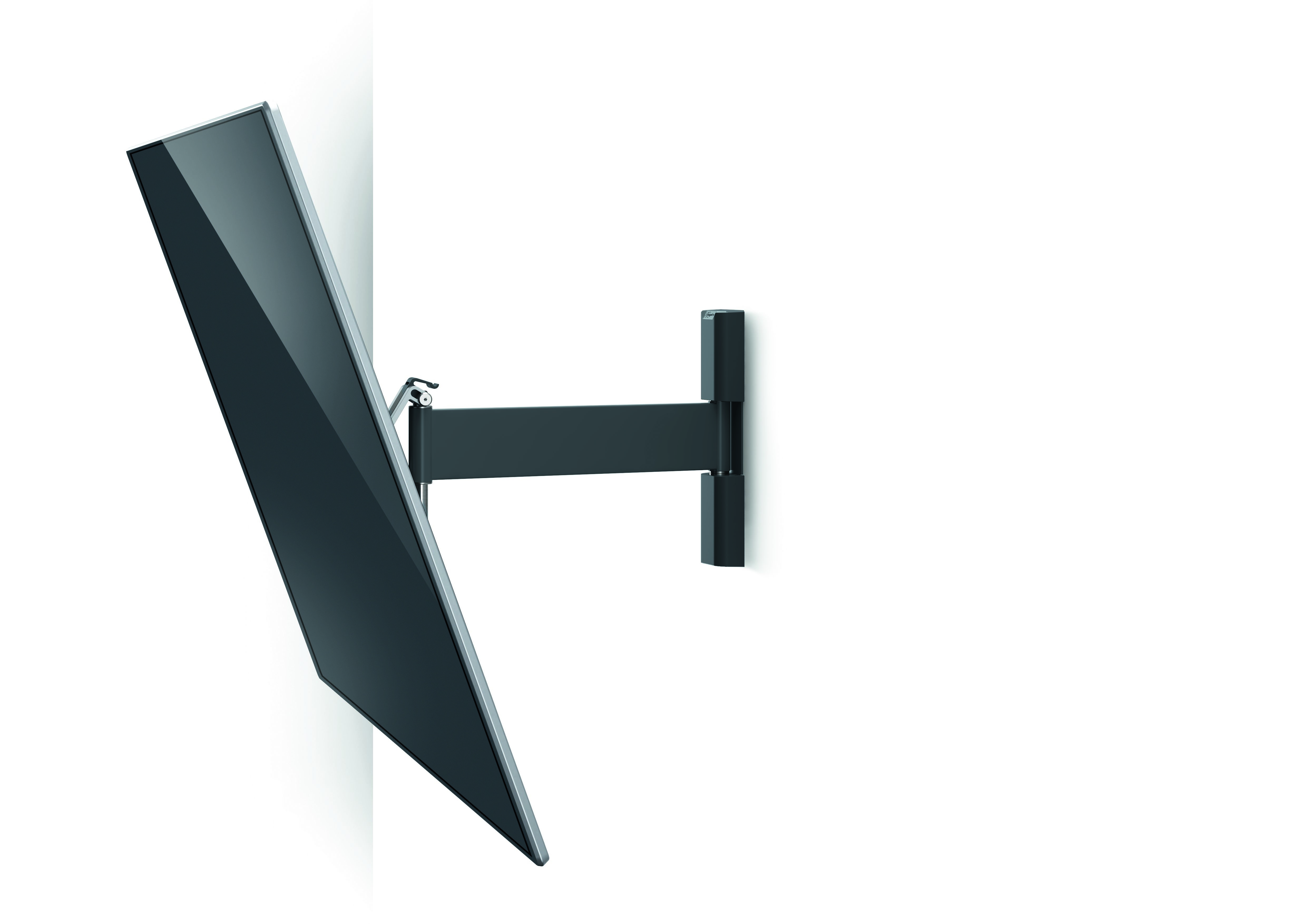Ein schwarzer Fernseher wird an einer weißen Wand montiert, mit einem schwarzen Arm, der sich von der Wand erstreckt.