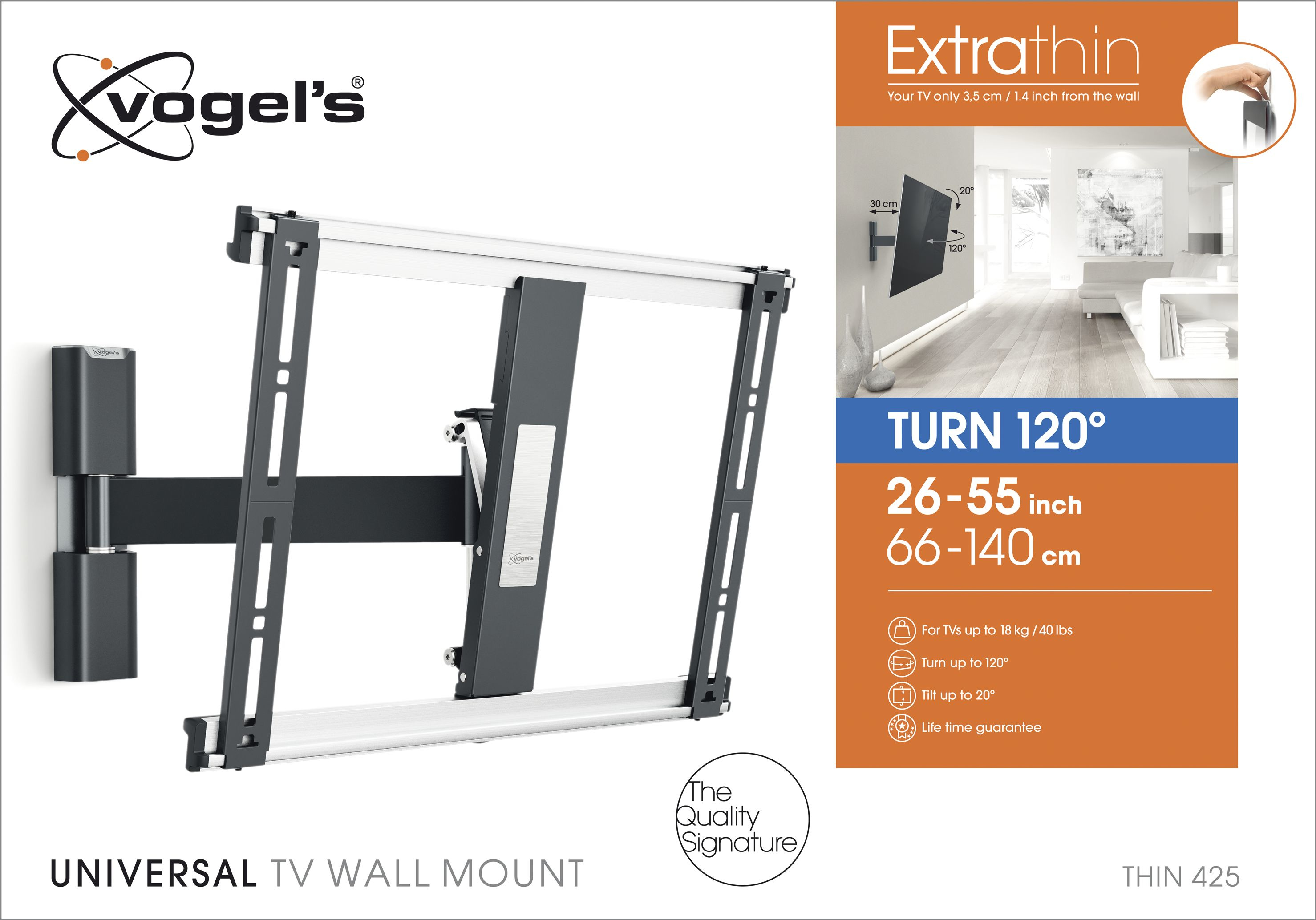 Universelle TV-Wandhalterung, mit Text und Diagramm. Weißer Hintergrund.