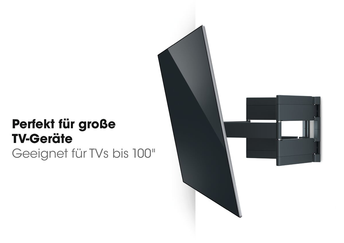 Ein Fernseher an einer Wand mit einer schwarzen Halterung, Text sagt perfekt für große Fernseher.