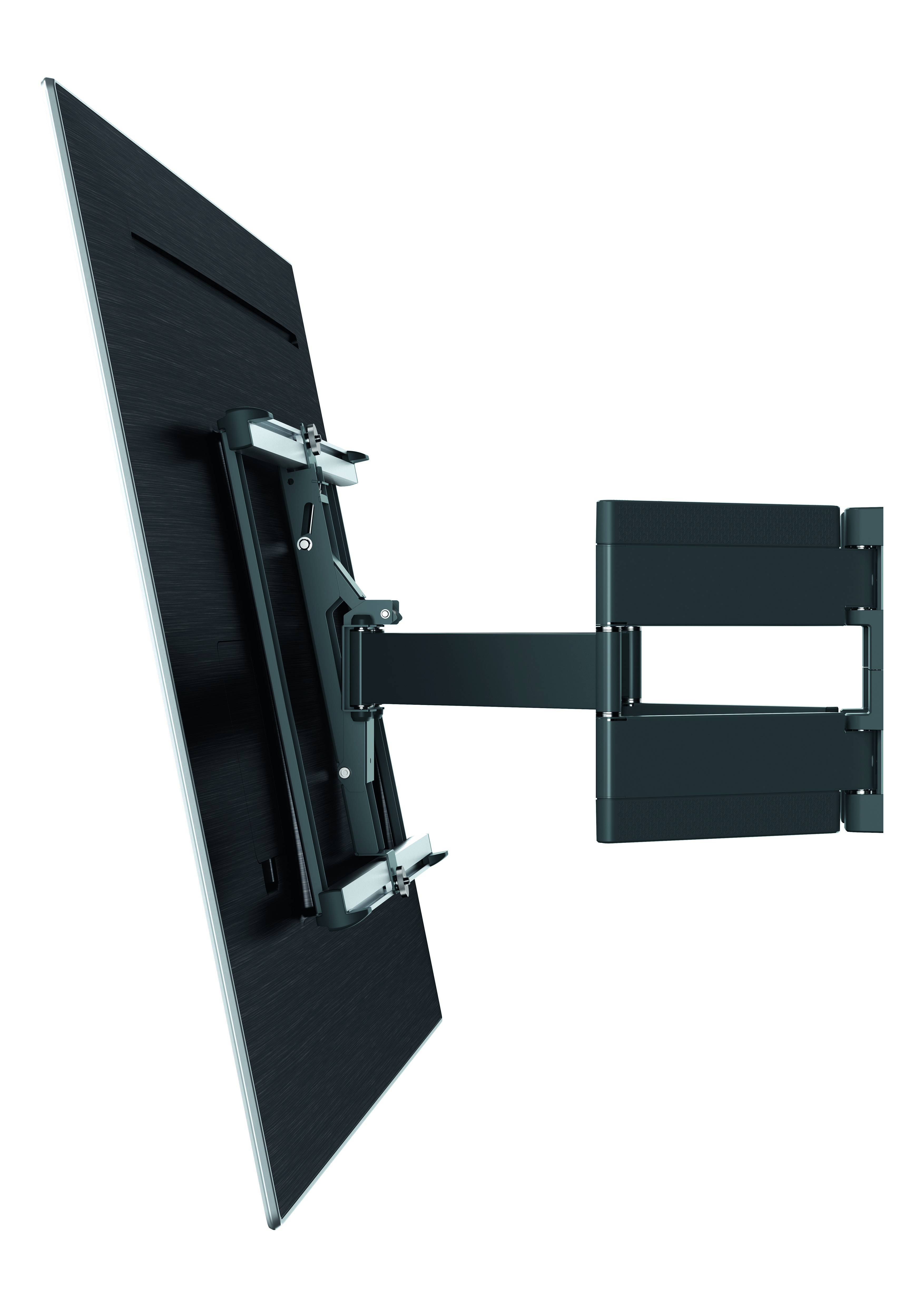 Fernseher an einer schwarzen, beweglichen Wandhalterung.