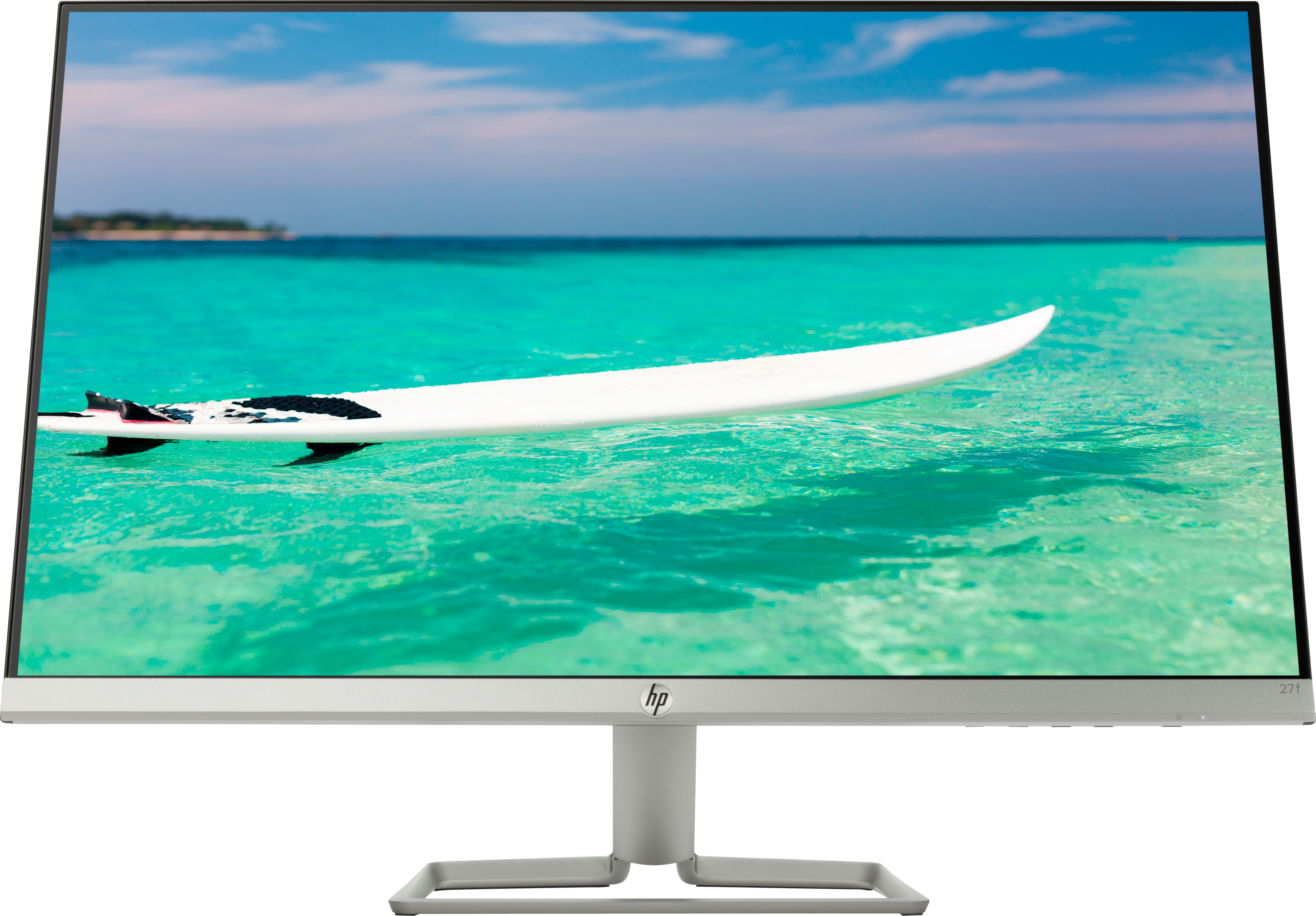 Ein Computermonitor, der eine tropische Strandszene mit einem Surfbrett anzeigt.