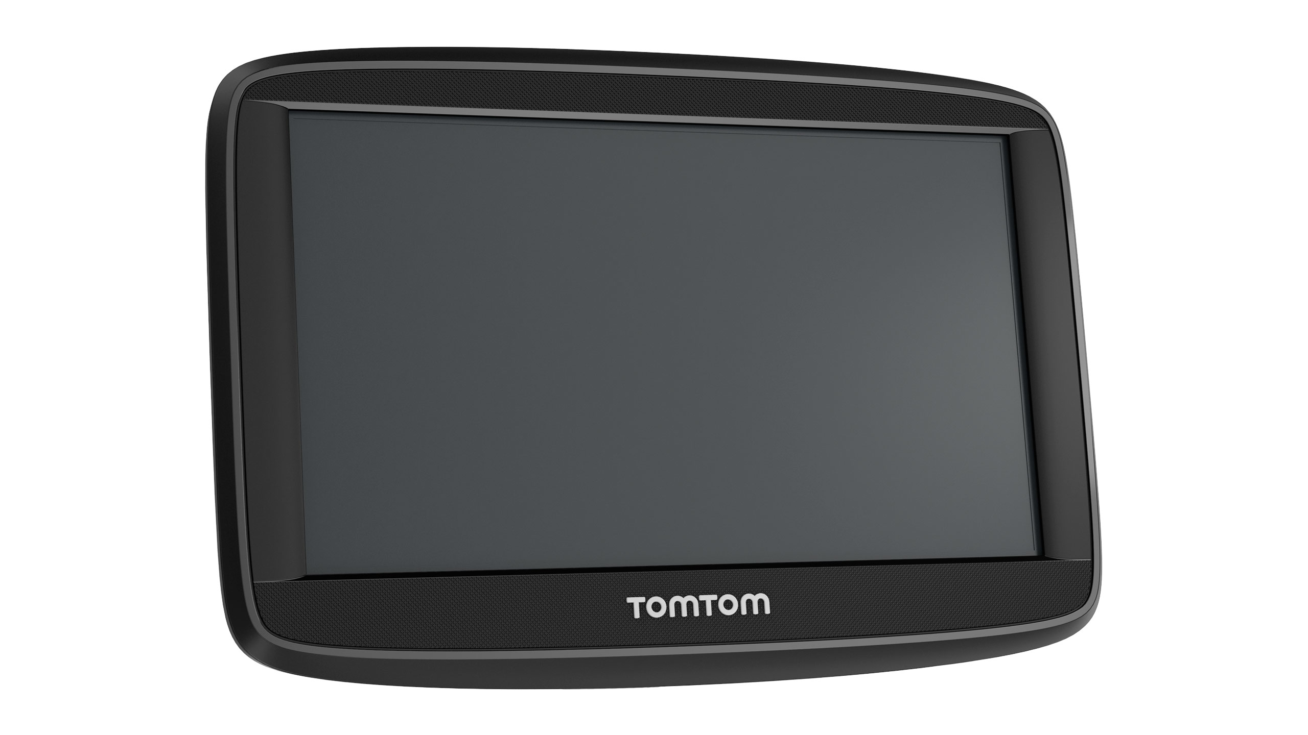 Ein schwarzes TomTom GPS-Gerät, das seinen Bildschirm zeigt.
