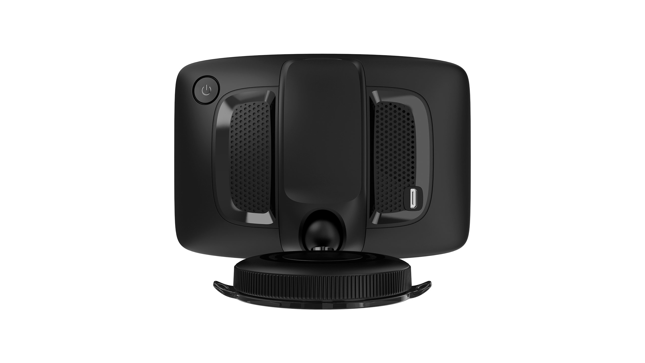 Rückseite des schwarzen GPS-Geräts, mit Ein/Aus-Taste und USB-Anschluss auf weißem Hintergrund.