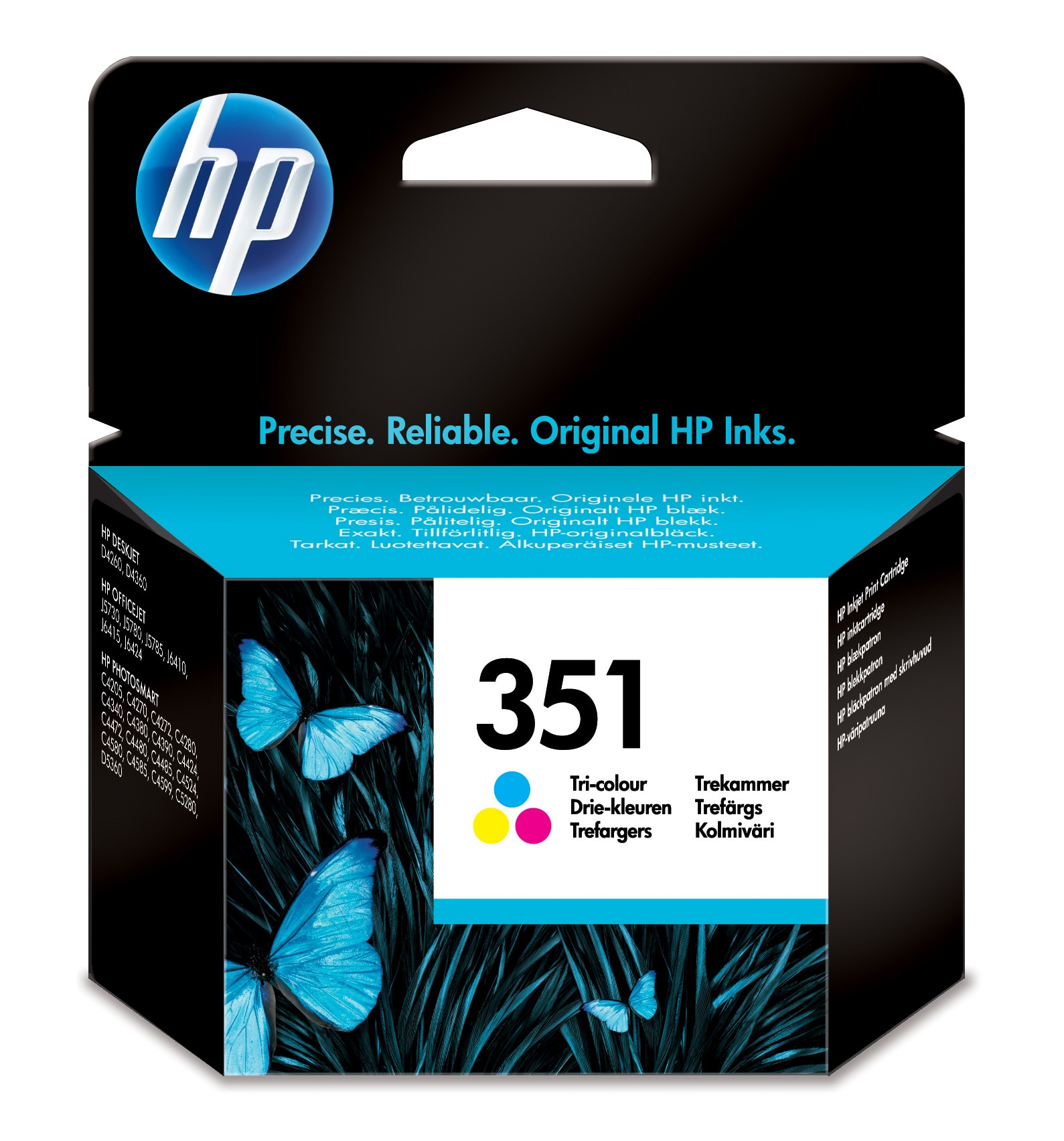 Eine Packung der HP 351 Farb-Tintenpatrone mit blauen Schmetterlingen auf der Vorderseite.